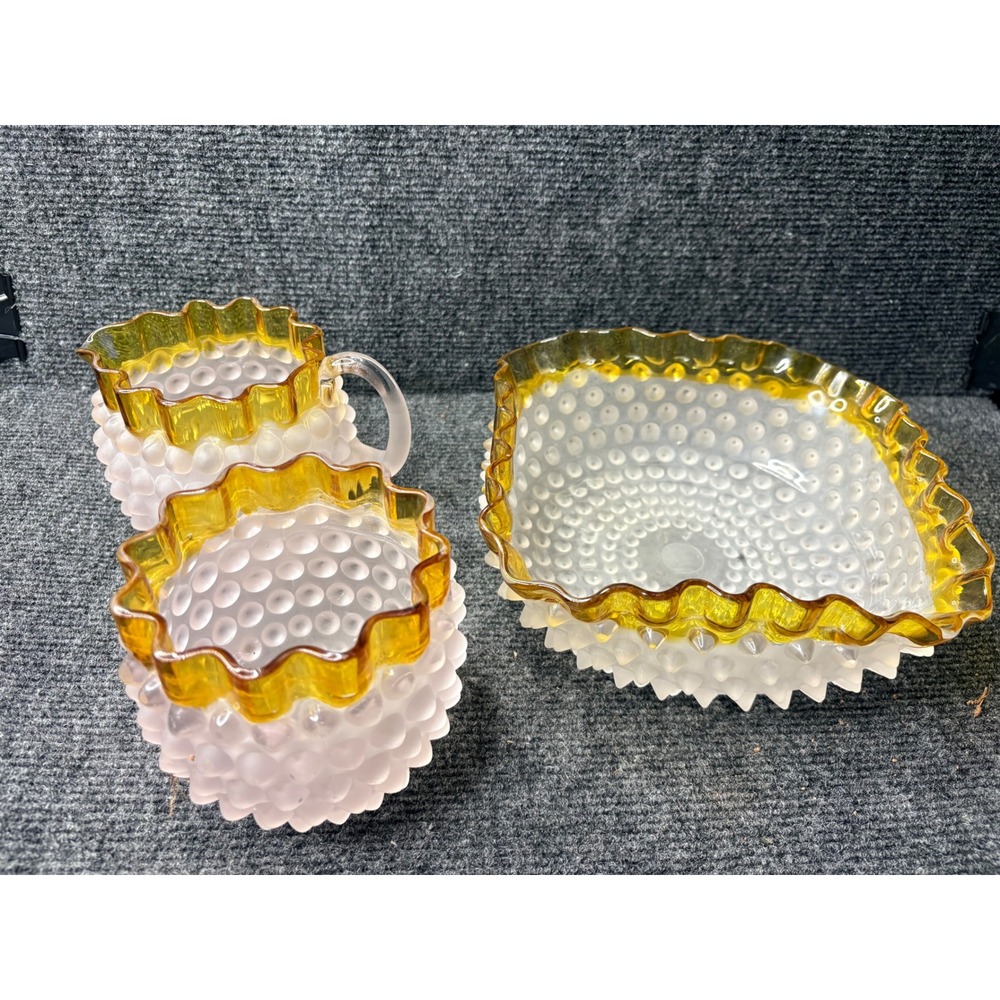Fenton Satin Frosted Hobnail Glass Set Amber Ruffled Rim Creamer Sugar Bowl 3pc